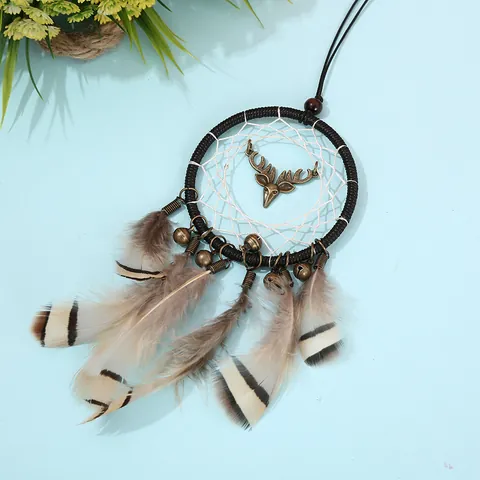 Acchiappasogni Boho Fatto a Mano Decorazione Sospesa Con Piume Perline E Ciondolo Cervo In Lega Per Casa Auto Regalo