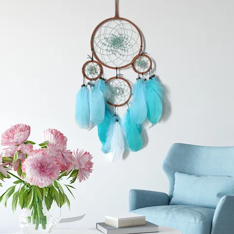 Atrapasueños de Estilo Indio de Cuatro Anillos Hecho a Mano Con Luces LED Plumas Cuentas Adorno Colgante para Dormitorio
