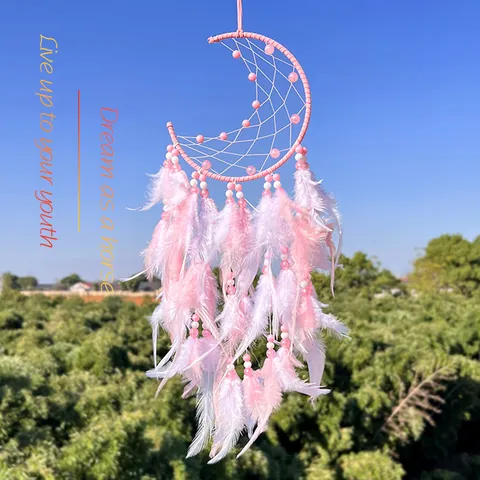 Handgefertigter Rosa Mond Traumfänger Mit Federn Und Dekorativen Perlen Wandbehang Ornament Für Zuhause Schlafzimmer Deko Mädchen Geschenk