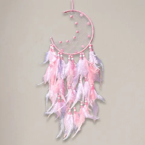 Acchiappasogni a Forma di Luna Rosa Fatto a Mano Con Piume e Perline Decorative Ornamento da Parete per la Casa Camera da Letto Regalo per Ragazza