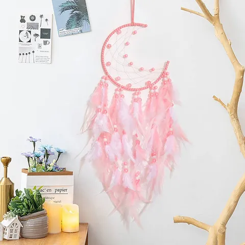 Handgefertigter Rosa Mond Traumfänger Mit Federn Und Dekorativen Perlen Wandbehang Ornament Für Zuhause Schlafzimmer Deko Mädchen Geschenk