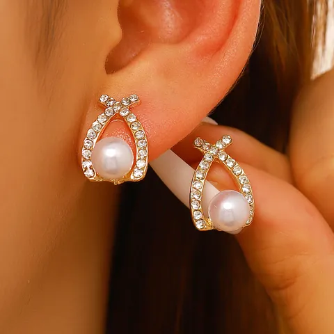Orecchini A Lobo Incrociati Con Perla Artificial E Strass Lucidi Lega Di Zinco Geometrico Stile Coreano Gioielli Eleganti Earring Post