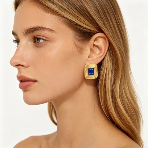 Vintage Square Stud Earrings 18K Gold Plated Stainless Steel With Colorful Rhinestone Beaded Texture For Women
