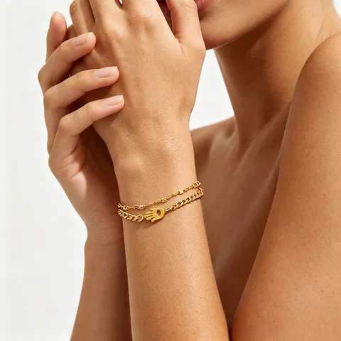 Doppelschichtiges Edelstahlarmband Für Damen 18K Vergoldet Hamsa Hand Anhänger Figaro Kette Verstellbar Eleganter Schmuck