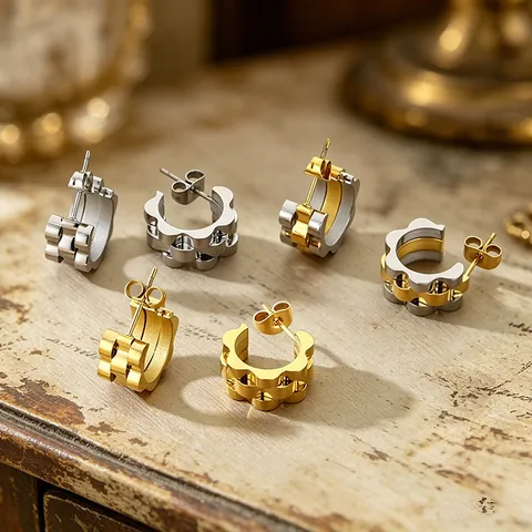 Orecchini A Cerchio In Acciaio Inossidabile Placcati Oro 18K Trama A Cinturino Bordo Ondulato Stile Minimalista Da Donna