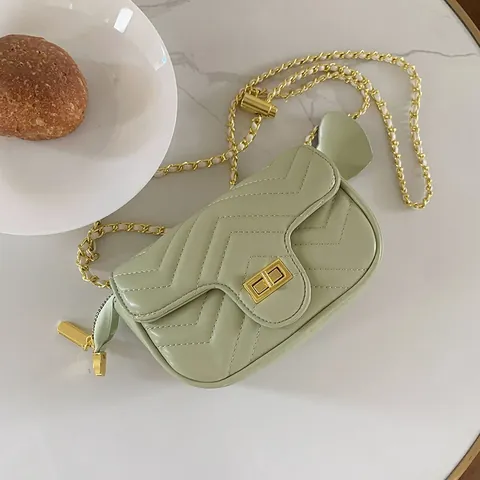 Women Fashion Chevron Quilted PU Leather Crossbody Bag Small Square Shoulder Bag With Golden Chain Strap And Heart Pendant