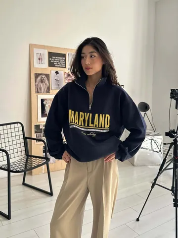 Dames Vintage Maryland Letterprint Halve Rits Opstaande Kraag Los Oversized Katoen Sweatshirt Casual Lange Mouw Pullover