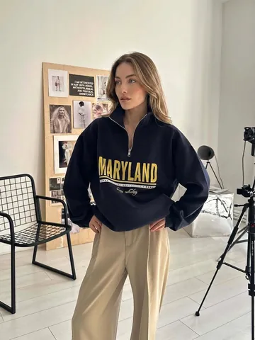 Women Vintage Maryland Letter Print Half Zipper Stand Collar Loose Oversized Cotton Sweatshirt Casual Long Sleeve Pullover