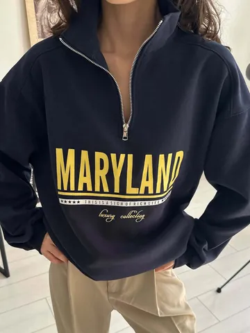 Dames Vintage Maryland Letterprint Halve Rits Opstaande Kraag Los Oversized Katoen Sweatshirt Casual Lange Mouw Pullover