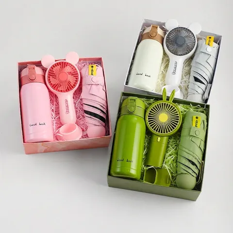 Corporate Business Gift Collection Stainless Steel Vacuum Flask Glass Straw Cup Handheld Mini Fan Sun Umbrella Face Towel Souvenir Combo Birthday Wedding Guest Giveaway