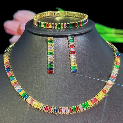 Luxury Copper Rainbow Baguette Cubic Zirconia Necklace Bracelet Earrings Jewelry For Women Wedding Party Multi Color Plated