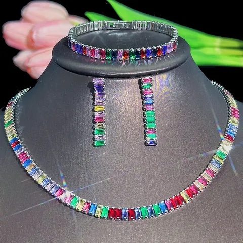Luxury Copper Rainbow Baguette Cubic Zirconia Necklace Bracelet Earrings Jewelry For Women Wedding Party Multi Color Plated