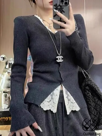 Haut en Tricot Patchwork en Dentelle Élégant pour Femmes Col en V Manches Longues Coupe Slim Pull en Tricot à Côtes Décontracté à Bloc de Couleurs