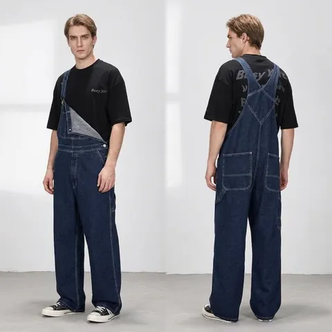 High Street Style Denim Overalls Men Women Unisex Loose Straight Jumpsuits Vintage Washed Workwear Cargo Suspender Pants
