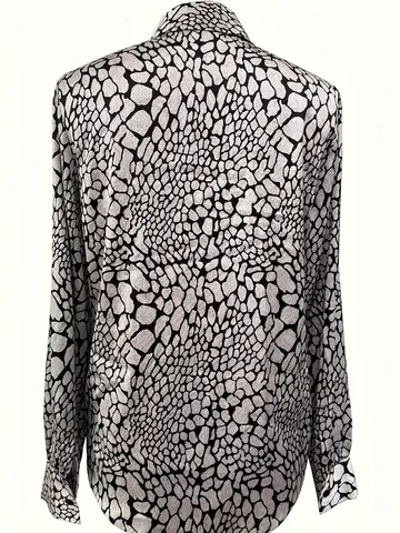 Chemise Élégante Pour Femme Imprimé Serpent Manches Longues Polyester Revers Coupe Ajustée Chemisier À Simple Boutonnage Top De Bureau Moderne