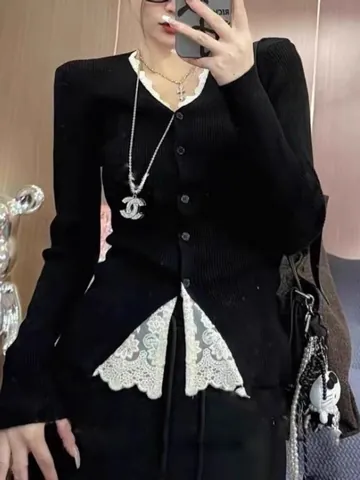 Haut en Tricot Patchwork en Dentelle Élégant pour Femmes Col en V Manches Longues Coupe Slim Pull en Tricot à Côtes Décontracté à Bloc de Couleurs