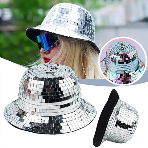Disco Mirror Bucket Hat Rhinestone Fedora Sparkly Party Cowboy Hat With Fringe Artificial Pearl Decoration For Women