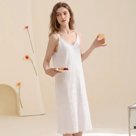 Women Sexy Cotton V-Neck Cami Nightgown Lace Trim Sleeveless Solid Color Long Sleepwear Dress For Summer Home
