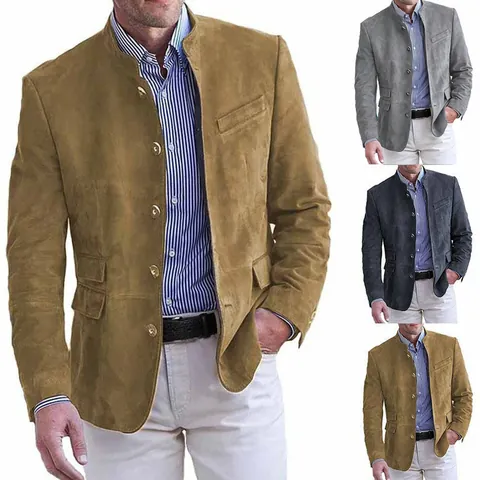 Chaqueta de Gamuza Sintética para Hombre Ajustado Business Casual Blazer Retro Color Sólido Multi Bolsillo Abrigo Otoño Invierno