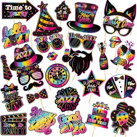 2027 Happy New Year Party Photo Booth Props Set Paper Glasses Mustache Hat On Sticks For 2027 Eve Party Decorations