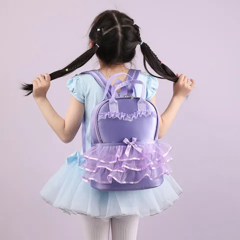 Girls Ballet Tutu Schoolbag Sweet Lace Ruffle Backpack Lightweight Nylon Kids Kindergarten Dance Class Bag Bow Decoration Pink Purple