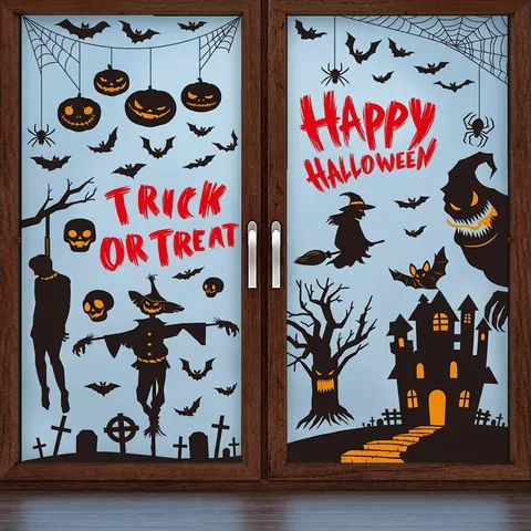 Halloween Window Clings PVC Static Stickers Double Sided Glass Decals Pumpkin Witch Ghost Bat Party Decorations Reusable