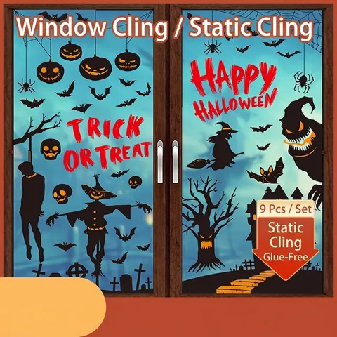 Halloween Window Clings PVC Static Stickers Double Sided Glass Decals Pumpkin Witch Ghost Bat Party Decorations Reusable