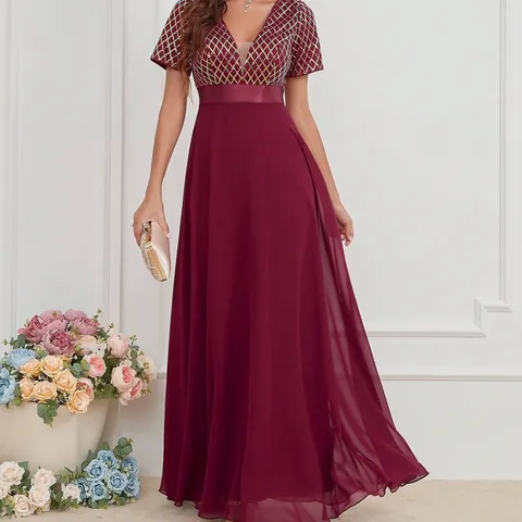 Women's Elegant Sequin V-Neck Evening Dress Chiffon Maxi Gown With Satin Belt Short Sleeve Party Wedding Guest Dress