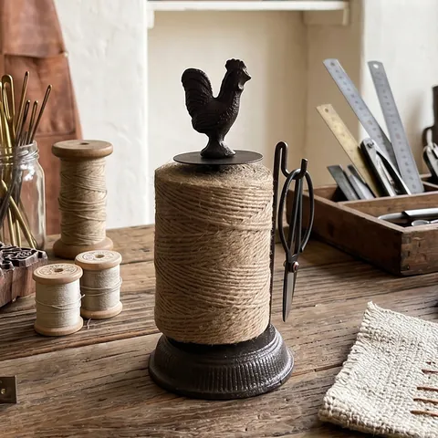 Distributore di Spago in Ghisa Retro Con Gallo e Juta Con Forbici Vintage Home Decor Artigianato da Tavolo