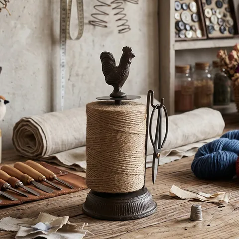 Distributore di Spago in Ghisa Retro Con Gallo e Juta Con Forbici Vintage Home Decor Artigianato da Tavolo