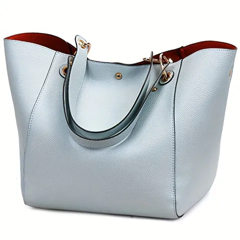 Women's Large Capacity PU Leather Litchi Pattern Tote Bag Minimalist Commuter Shoulder Bag Solid Color Handbag For Women