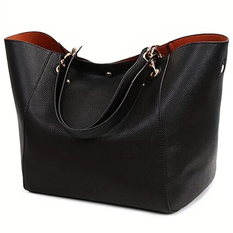 Women's Large Capacity PU Leather Litchi Pattern Tote Bag Minimalist Commuter Shoulder Bag Solid Color Handbag For Women