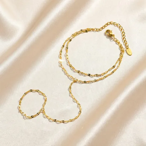 Edelstahl Zirkonia Ring-Armband Für Damen Doppelreihige Lippenkette Fingerkette Armband Vergoldet Schmuck