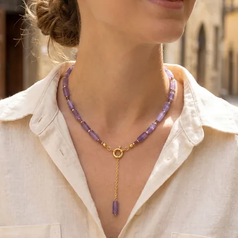Collana Di Perle Ametista Rame Placcato Oro Fibbia OT Pietra Semipreziosa Viola Ciondolo Cilindrico Per Donna