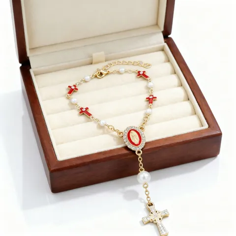 Religious Virgin Mary Cross Rosary Bracelet Alloy Artificial Pearl Rhinestone Enamel Baptism Prayer Car Hanging Jewelry