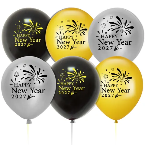 Felice Anno Nuovo 2026 Palloncini In Lattice Metallico Oro Argento Nero Decorazioni Per Feste Stampa Fuochi D'Artificio