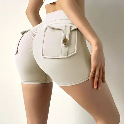 Women High Waist Yoga Shorts Nylon Spandex Scrunch Butt Lifting Cargo Pockets Sports Fitness Gym Running Slim Fit