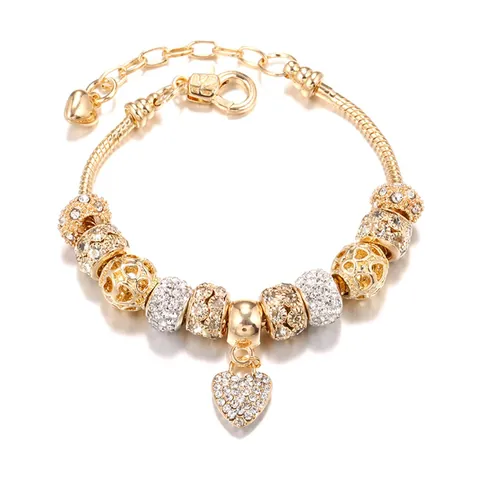 Elegant Heart Pendant Charm Bracelet Copper Alloy Rhinestone Polymer Clay Snake Chain Adjustable Romantic Jewelry For Women