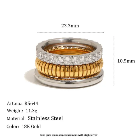 Europäischer Amerikanischer INS Stil Edelstahl 18K Vergoldet Dreischichtige Stapelbar Ring Zirkonia Eingelegt Geometrisch Ring