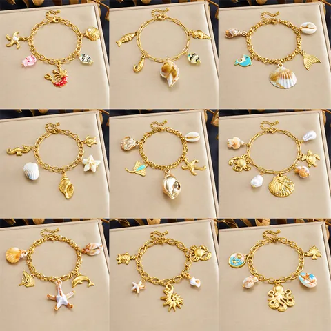 Stainless Steel Ocean Charm Bracelet For Women Gold Plated Starfish Shell Dolphin Sea Creature Pendant Beach Fashion Jewelry Gift