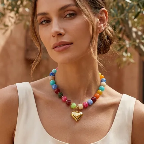 Roestvrij Staal 18K Verguld Hart Hanger Ketting Kleurrijke Hars Kralen Dopamine Stijl Mode Handgemaakte Sieraden Voor Vrouwen