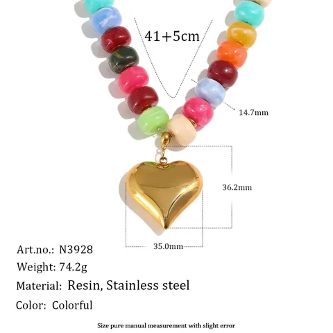 Roestvrij Staal 18K Verguld Hart Hanger Ketting Kleurrijke Hars Kralen Dopamine Stijl Mode Handgemaakte Sieraden Voor Vrouwen