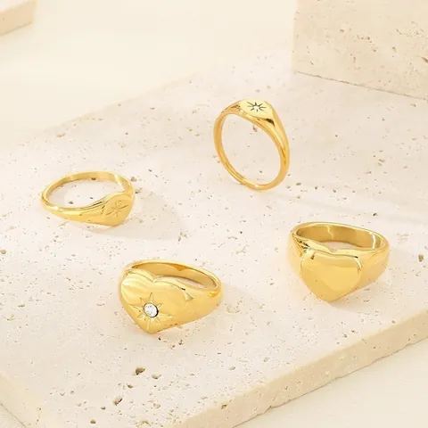 Minimalist Stainless Steel Heart Ring For Women Men Eight-Pointed Star Inlaid Rhinestone Signet Ring Gold Silver Plated Jewelry Gift