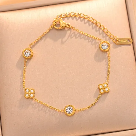 Women Titanium Steel 18K Gold Plated Bracelet Minimalist Floral Circle Rhinestone Inlaid Adjustable Link Bracelet Gift