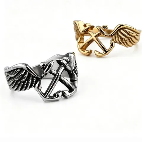 Bague Ancre Ailes Acier Inoxydable Punk Style Nautique Rétro Bijoux Polis Pour Hommes Unisexe