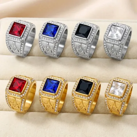 Hip Hop Retro Masonic Stainless Steel Ring With Colored Rhinestone Inlaid Freemasonry Square Compasses Men Wide Signet Ring Jewelry