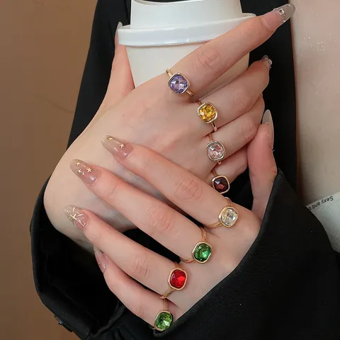 Luxury Square Rhinestone Open Ring Set For Women Colorful Inlaid Alloy Adjustable Fashion Jewelry Rings