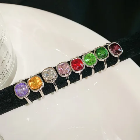 Luxury Square Rhinestone Open Ring Set For Women Colorful Inlaid Alloy Adjustable Fashion Jewelry Rings