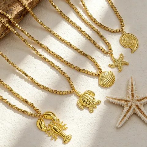 Bohemian Gold CCB Irregular Bead Layered Necklace For Women Shell Conch Starfish Turtle Pendant Choker Alloy Necklaces