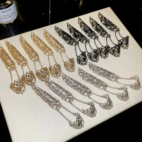 Gothic Iron Metal Hand Chain Bracelet With Hollow Cone Nail Claws For Women Punk Cyberpunk Five Finger Ring Linked Bracelet